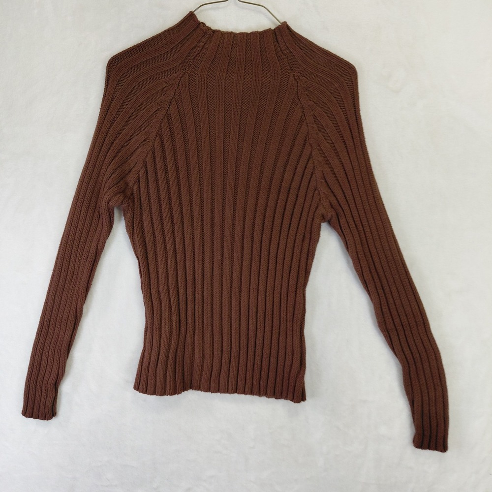 Herman Geist Brown Ribbed Mock Neck Sweater Ramie Cotton Blend Size M 08-3877-1